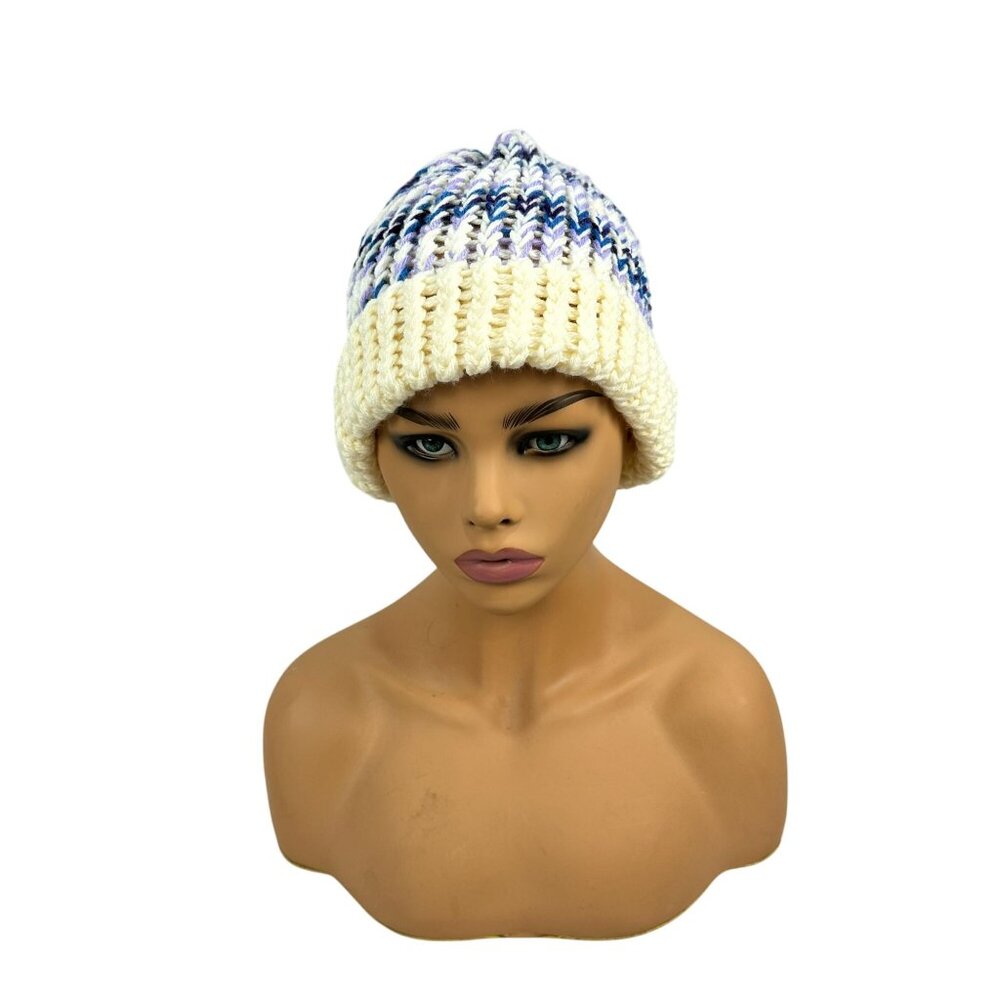 Handmade Knit Beanie Winter Hat Multicolor White Stretch Women One Size Fits All